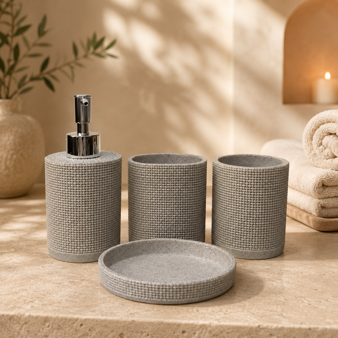 LUXURY RESIN BATHROOM ACCESSORIES SET TEXTURED BEIGE 4 PIECES SET