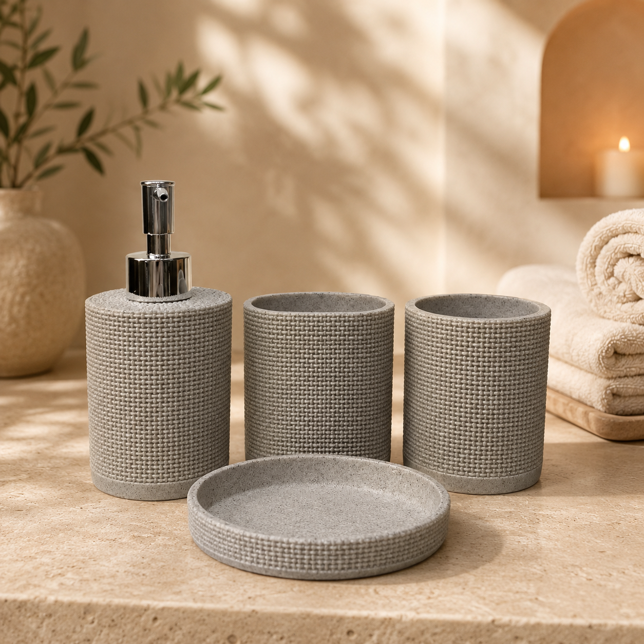 LUXURY RESIN BATHROOM ACCESSORIES SET TEXTURED BEIGE 4 PIECES SET