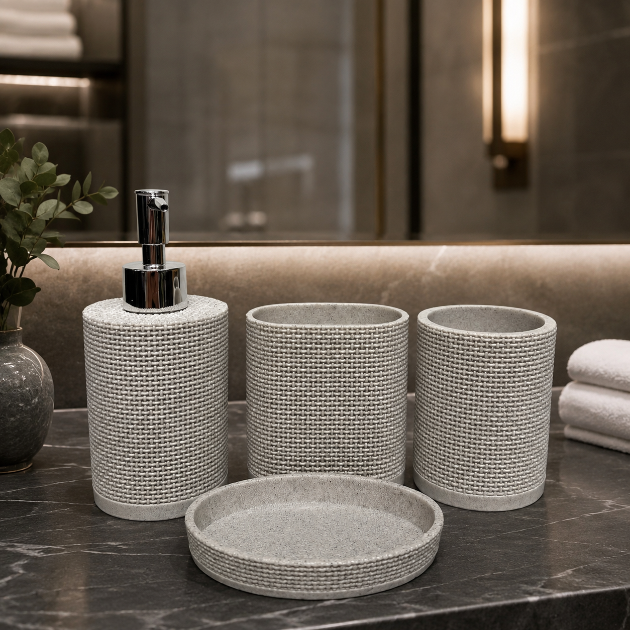 LUXURY RESIN BATHROOM ACCESSORIES SET TEXTURED BEIGE 4 PIECES SET