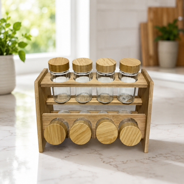 2-Tier Wooden Countertop Seasoning Holder Set with Bamboo Lids for Kitchen Storage