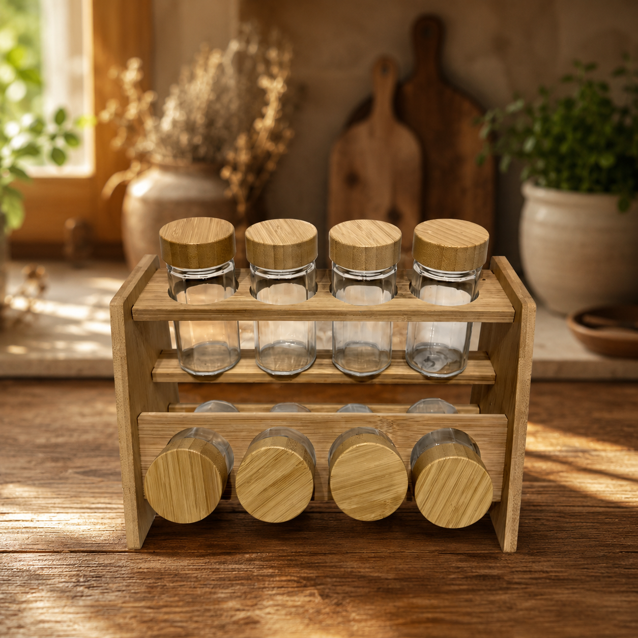 2-Tier Wooden Countertop Seasoning Holder Set with Bamboo Lids for Kitchen Storage