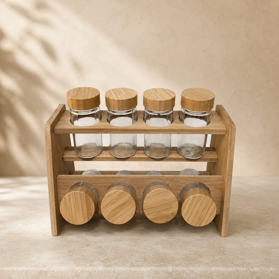 2-Tier Wooden Countertop Seasoning Holder Set with Bamboo Lids for Kitchen Storage