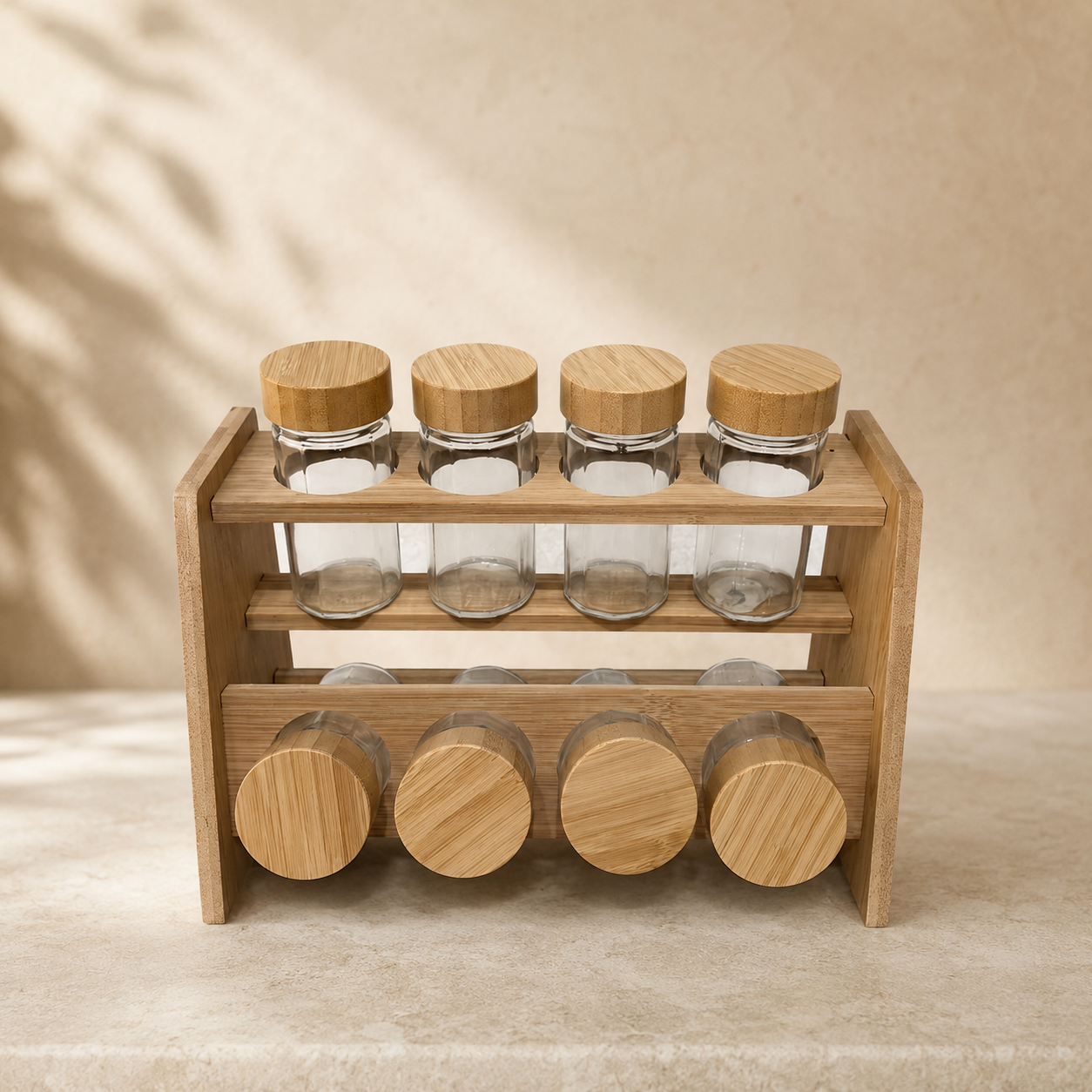 2-Tier Wooden Countertop Seasoning Holder Set with Bamboo Lids for Kitchen Storage