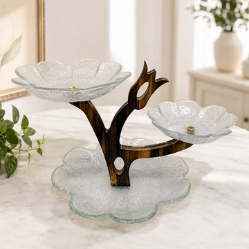 Elegant Flower Glass 3-Tiered Server with Tree Wooden Stand