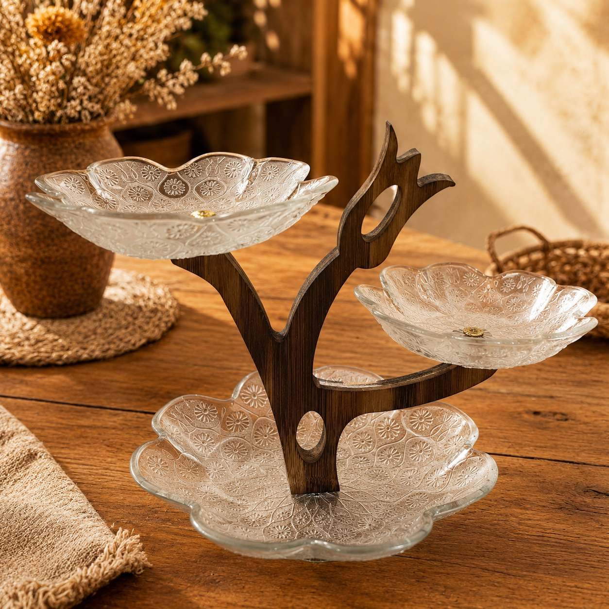 Elegant Flower Glass 3-Tiered Server with Tree Wooden Stand