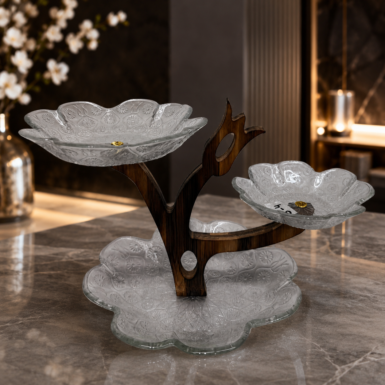 Elegant Flower Glass 3-Tiered Server with Tree Wooden Stand