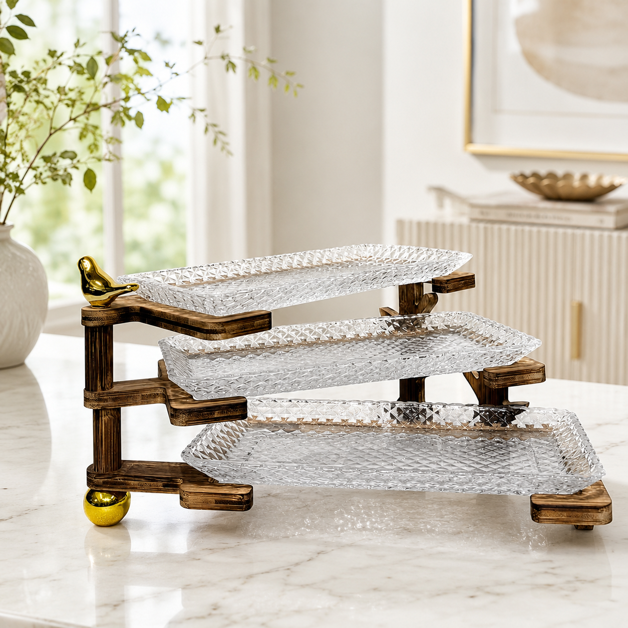 Tiered Serving Stand with Diamond Textured Glass Trays for Cupcakes, Desserts, and Party Buffets