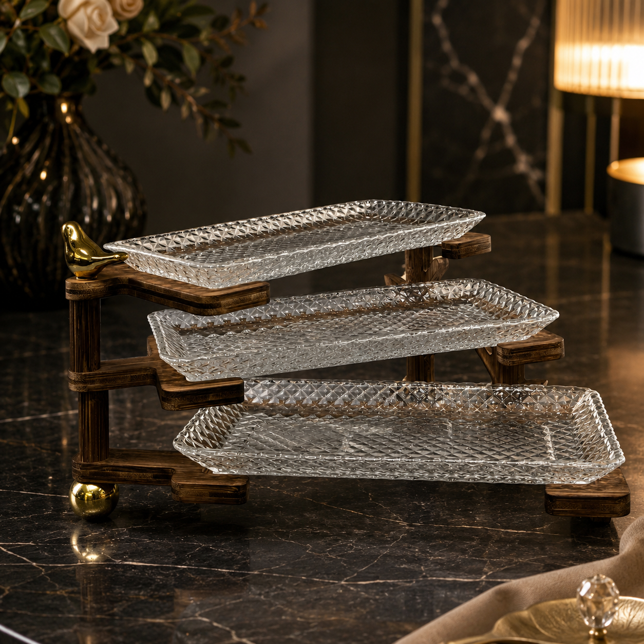 Tiered Serving Stand with Diamond Textured Glass Trays for Cupcakes, Desserts, and Party Buffets