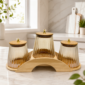 3-Piece Amber Glass Jar Set with Wooden Bridge Base