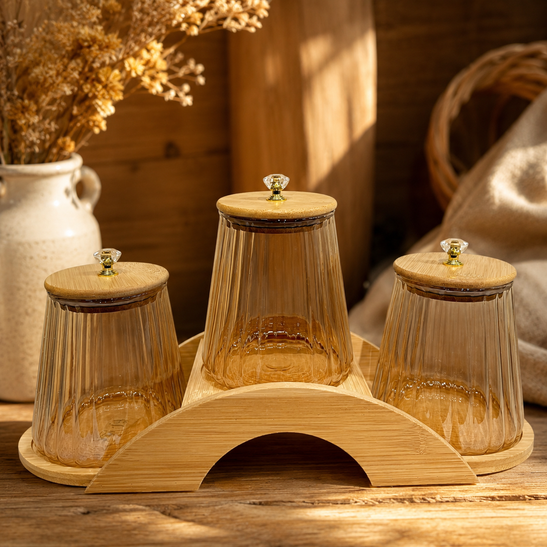 3-Piece Amber Glass Jar Set with Wooden Bridge Base