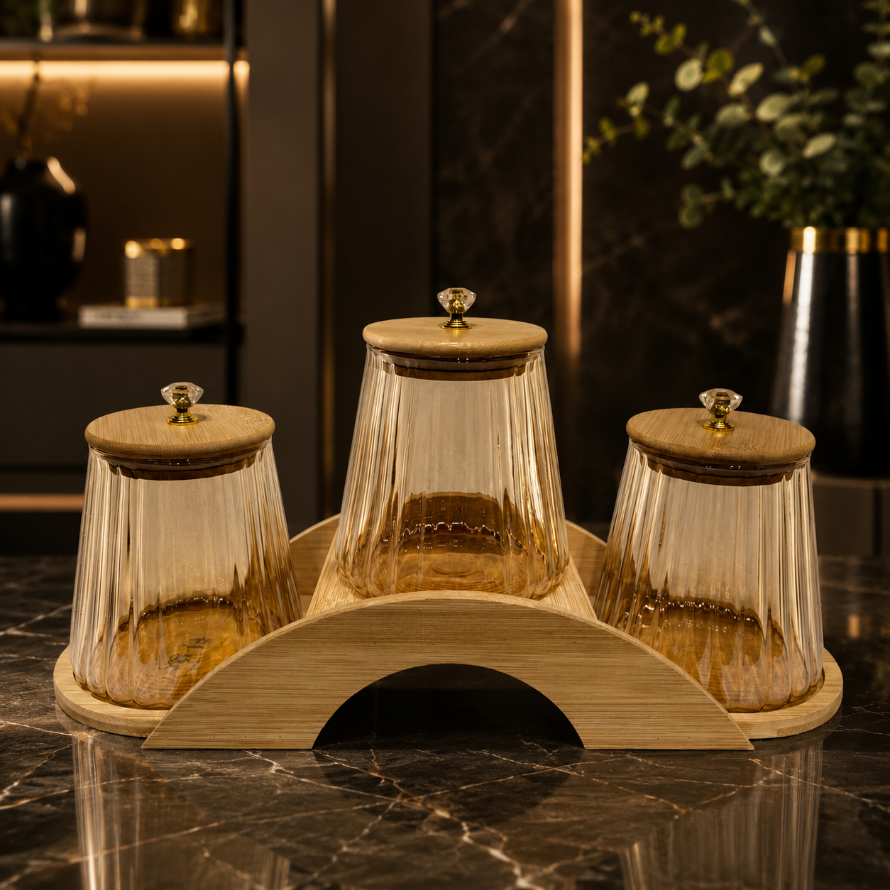3-Piece Amber Glass Jar Set with Wooden Bridge Base