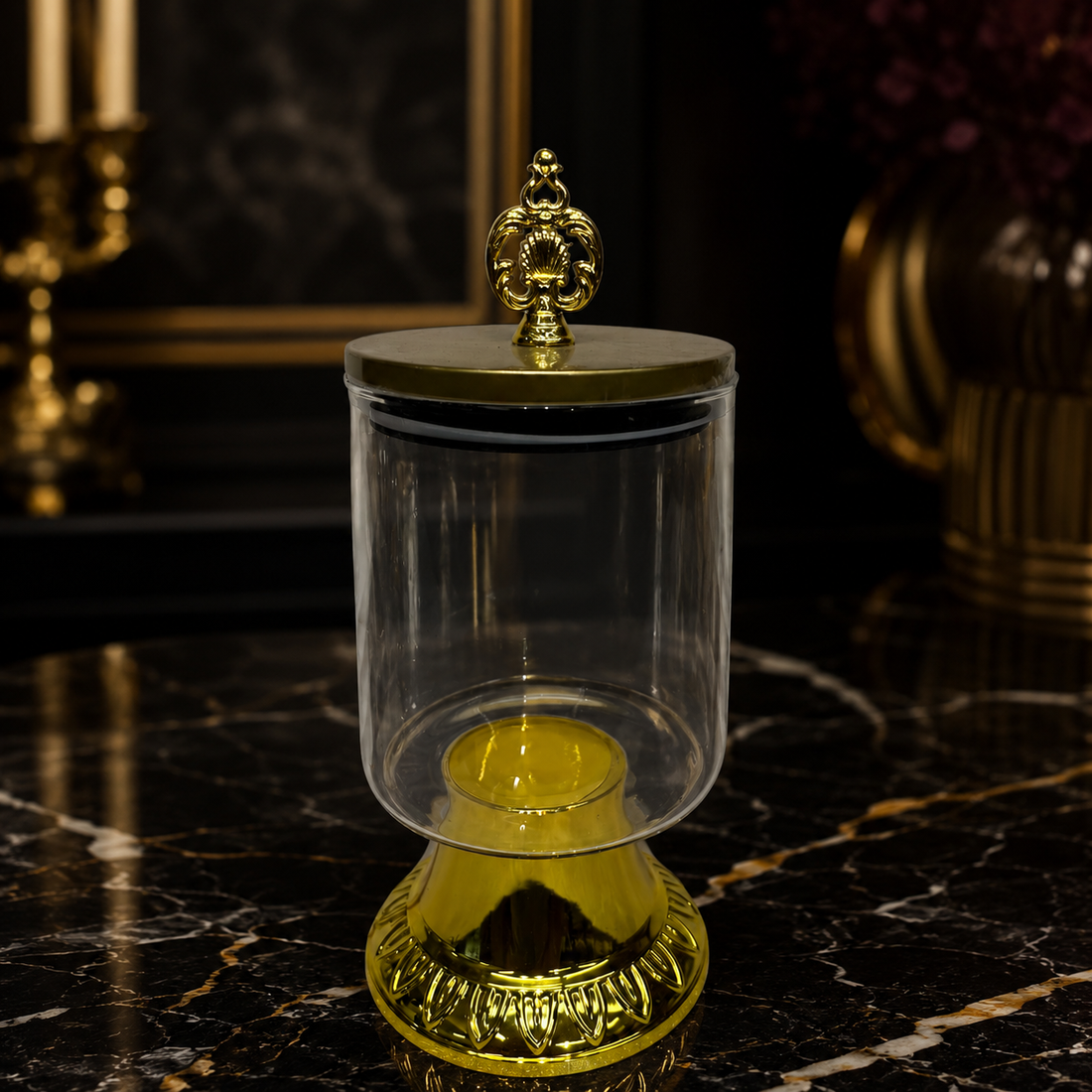 800ml Clear Storage Canister with Ornate Crown Lid & Pedestal Stand