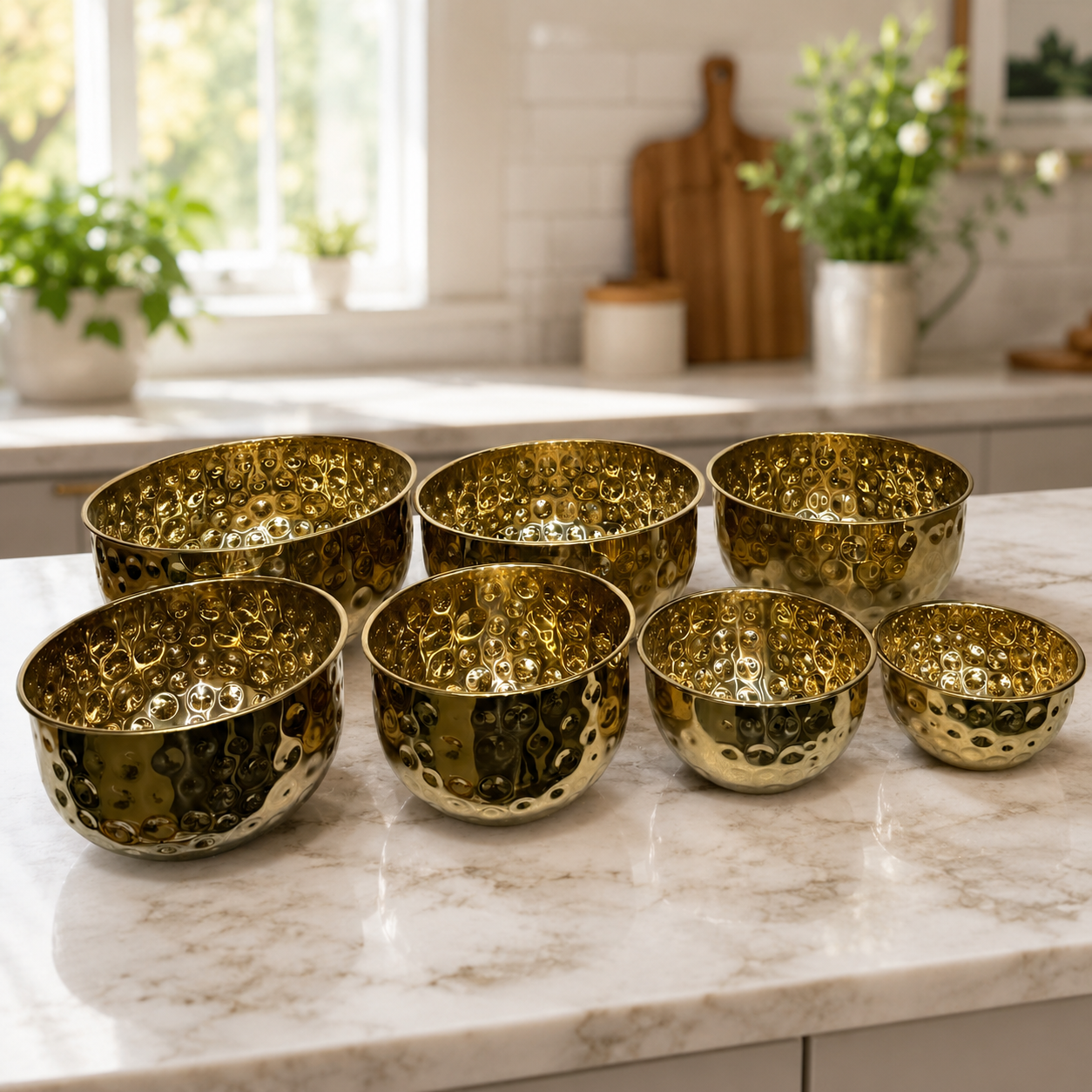 Premium 7-Piece Hammered Gold Metal Nesting Mixing Bowl Set