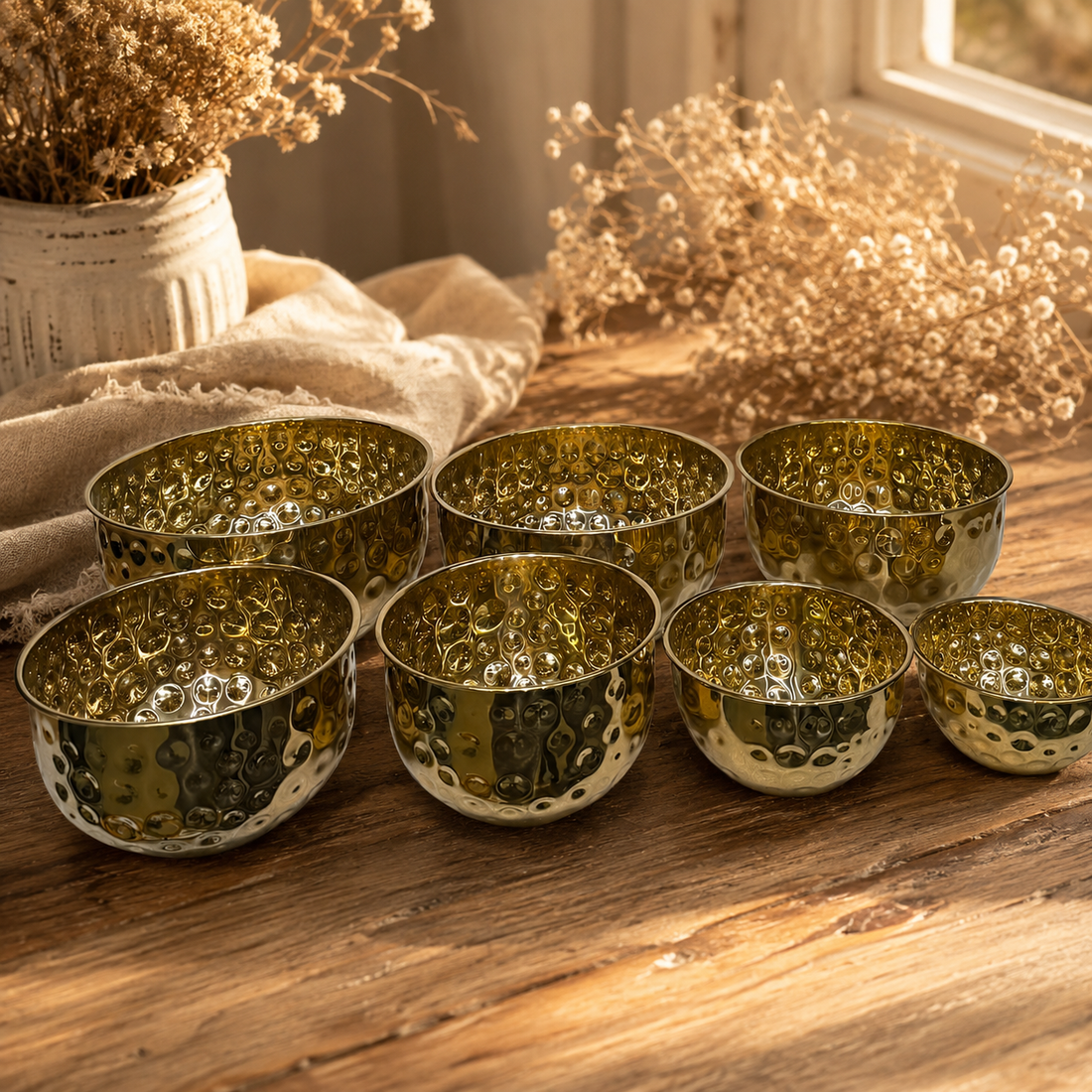 Premium 7-Piece Hammered Gold Metal Nesting Mixing Bowl Set