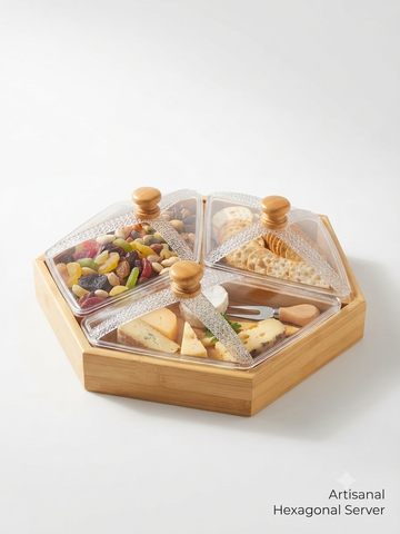 Artisanal Hexagonal Multi-Compartment Serving Tray with Lids
