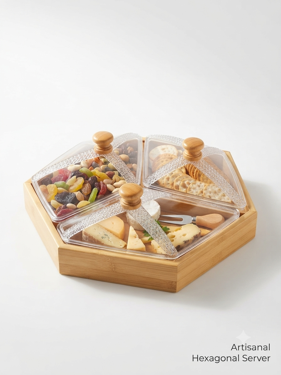 Artisanal Hexagonal Multi-Compartment Serving Tray with Lids