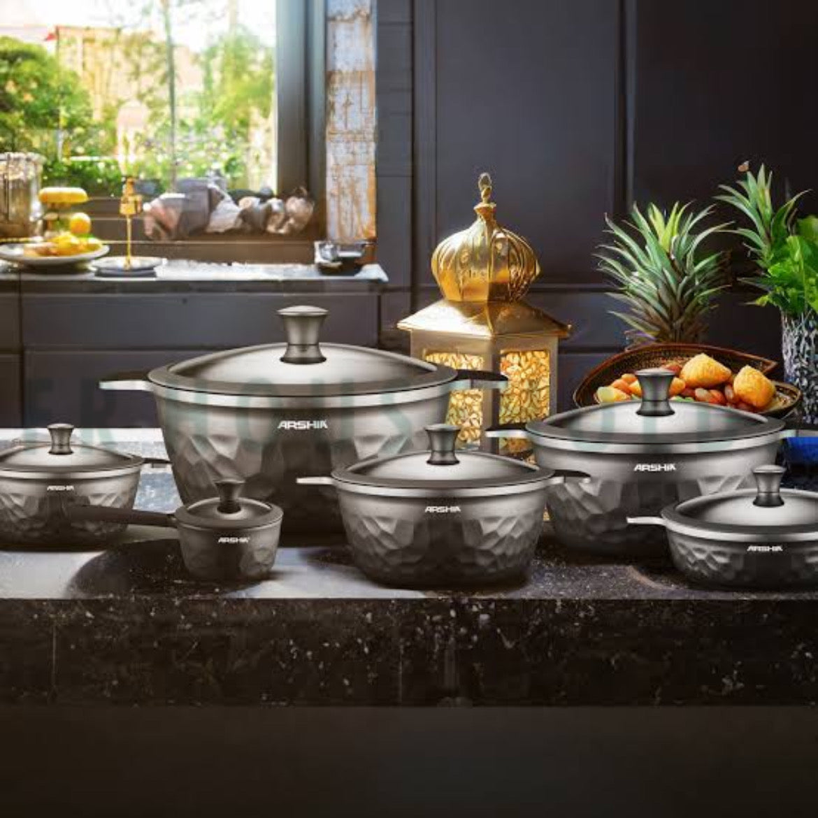 Arshia 12-Piece Gray Diamond Cookware Set | Granite