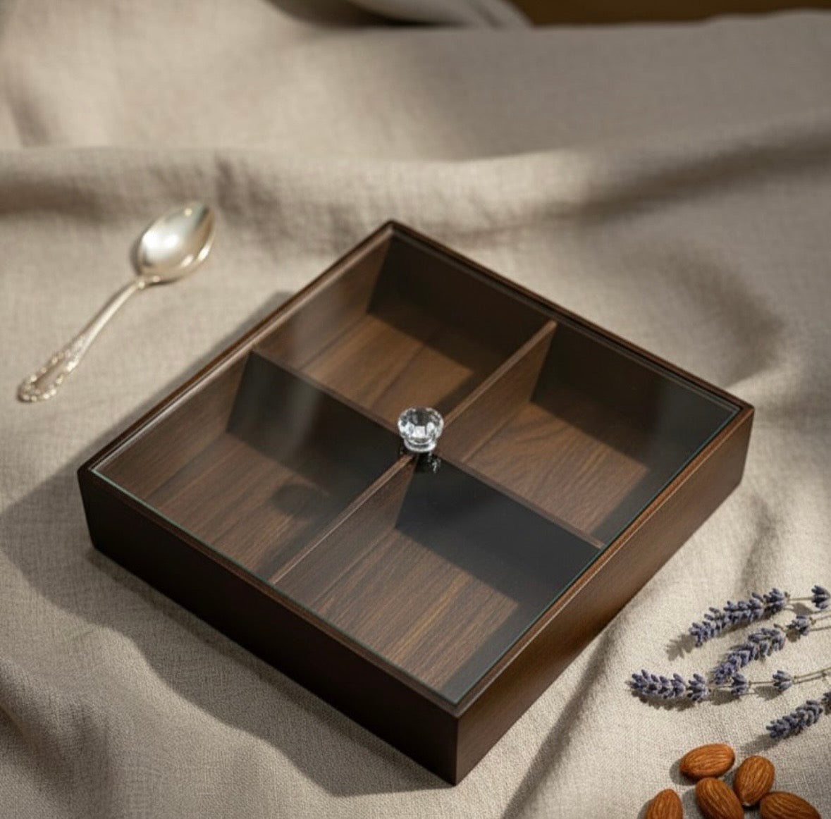 Elegant 4-Compartment Wooden Serving Tray with Glass Lid & Crystal Knob