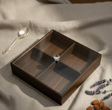 Elegant 4-Compartment Wooden Serving Tray with Glass Lid & Crystal Knob