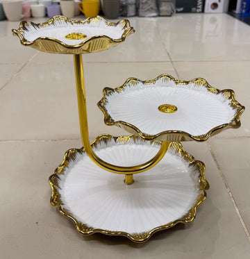 3-Tier Curved Gold & White Ceramic Display Stand