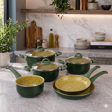 Illa 7 Piece Bio Cook Oil Regular Bottom Cookware Set - Non-Stick, Aluminum in Green | (Made In ITALY)