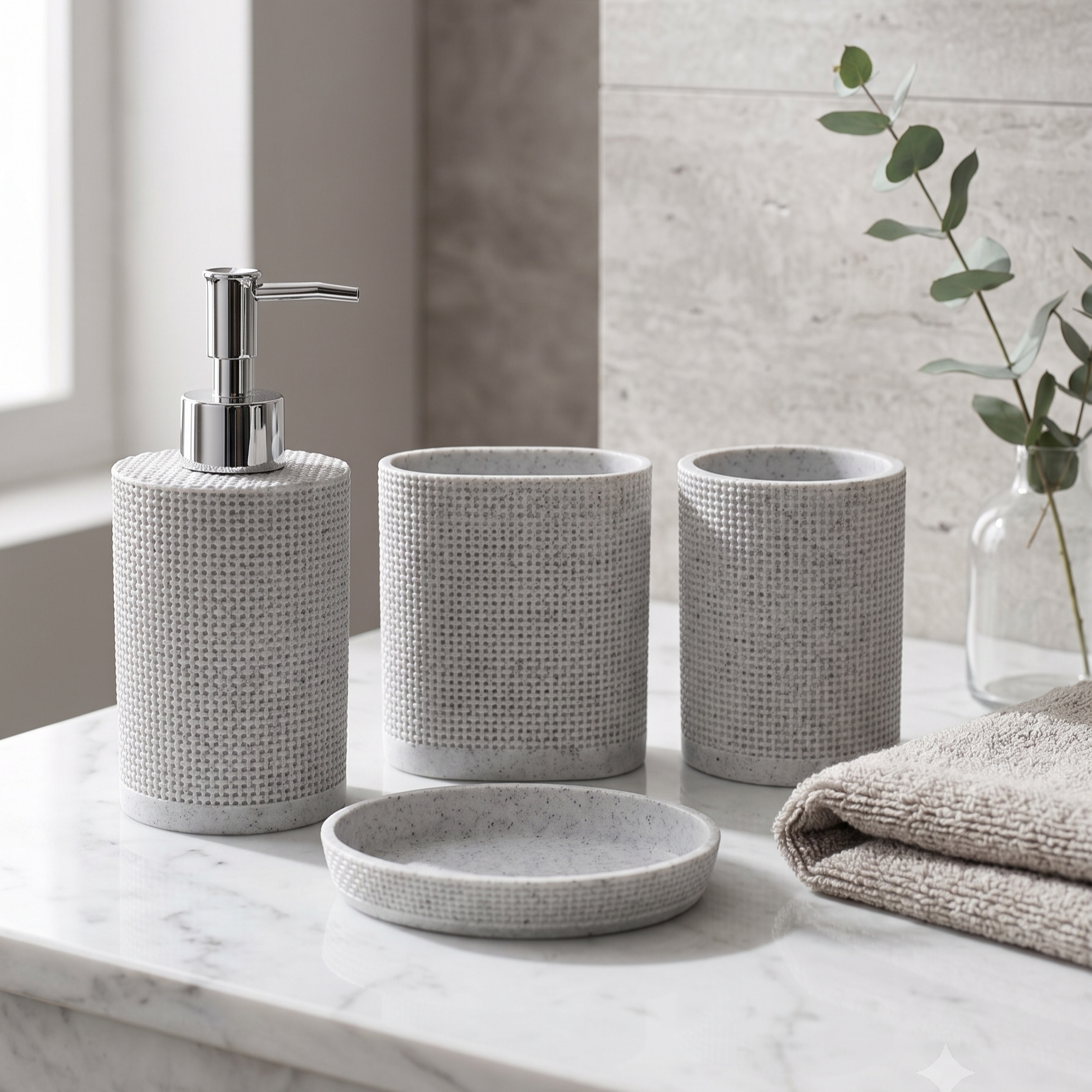LUXURY RESIN BATHROOM ACCESSORIES SET LIGHT GREY TEXTURED 4 PIECES SET