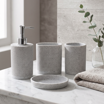 LUXURY RESIN BATHROOM ACCESSORIES SET LIGHT GREY TEXTURED 4 PIECES SET
