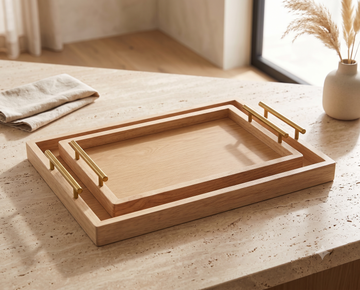 Rectangular Wooden Serving Trays Set with Gold Handles
