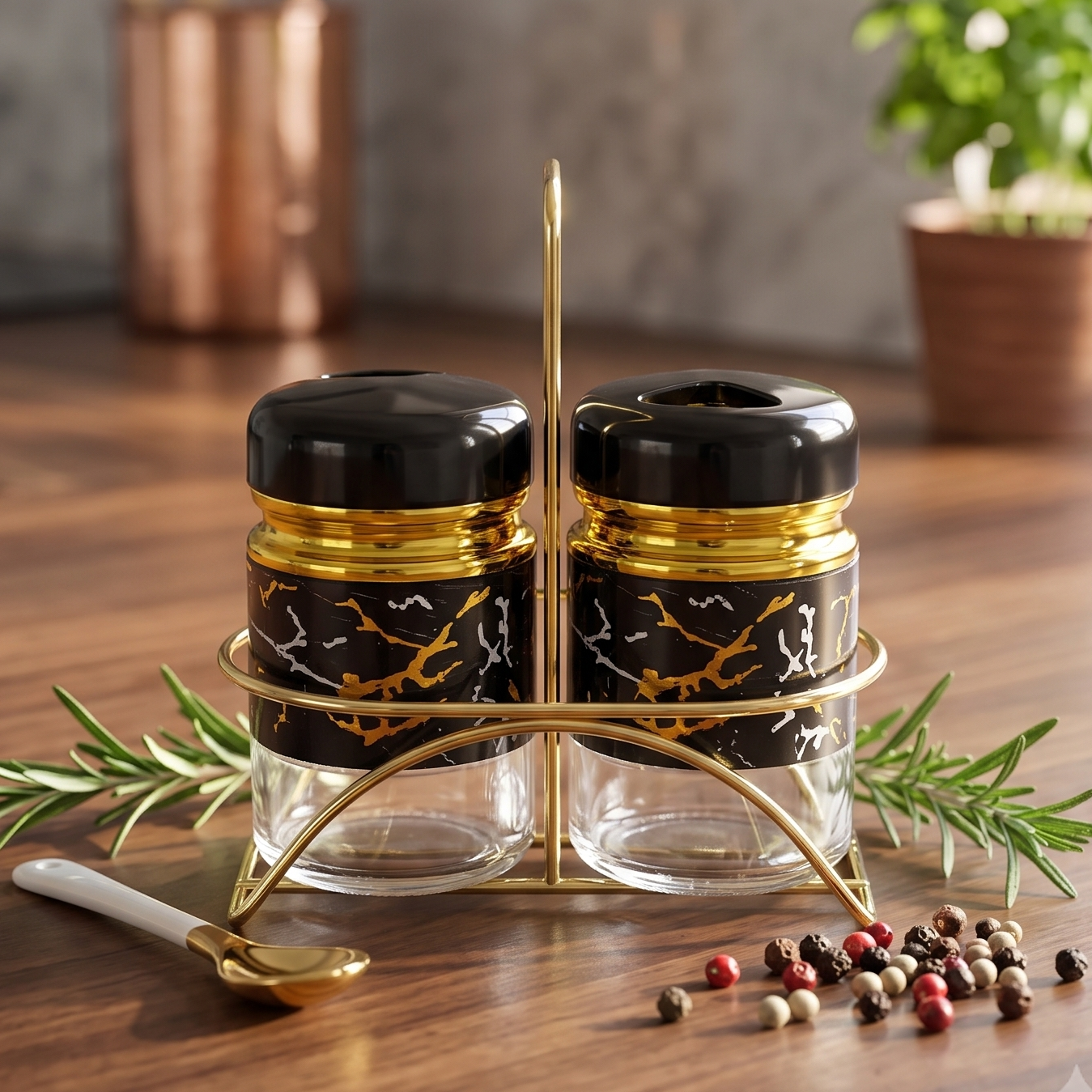 Elegant Gold Accented Cruet Set with Glass Window and Metal Carrying Rack for Kitchen Dining Table