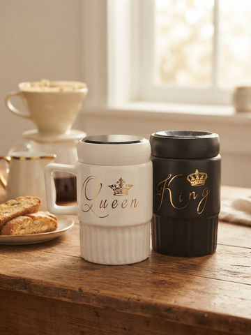 King & Queen Ceramic Couple Mug Set with Lids – Elegant Gold Crown Design