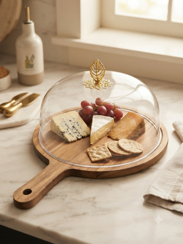 Artisanal Wooden Serving Board with Glass Dome Cover