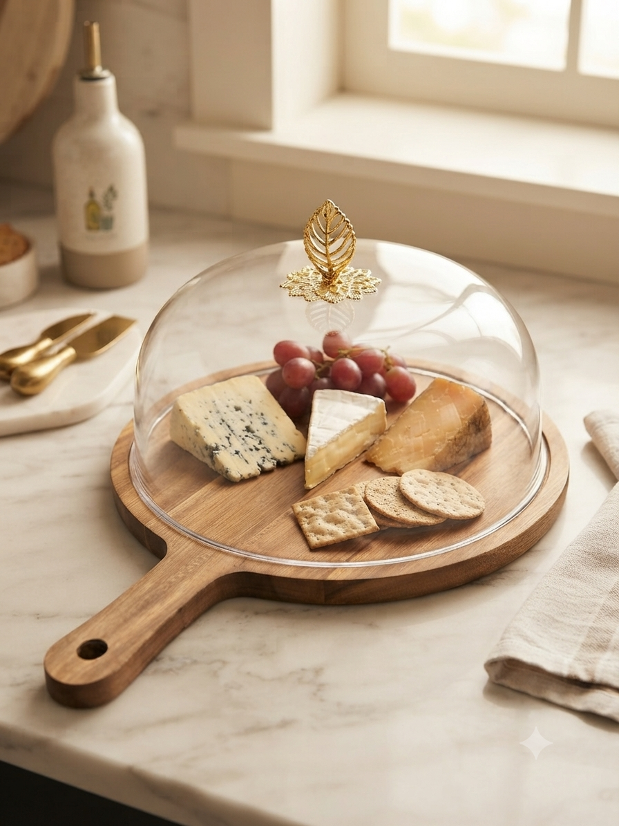 Artisanal Wooden Serving Board with Glass Dome Cover