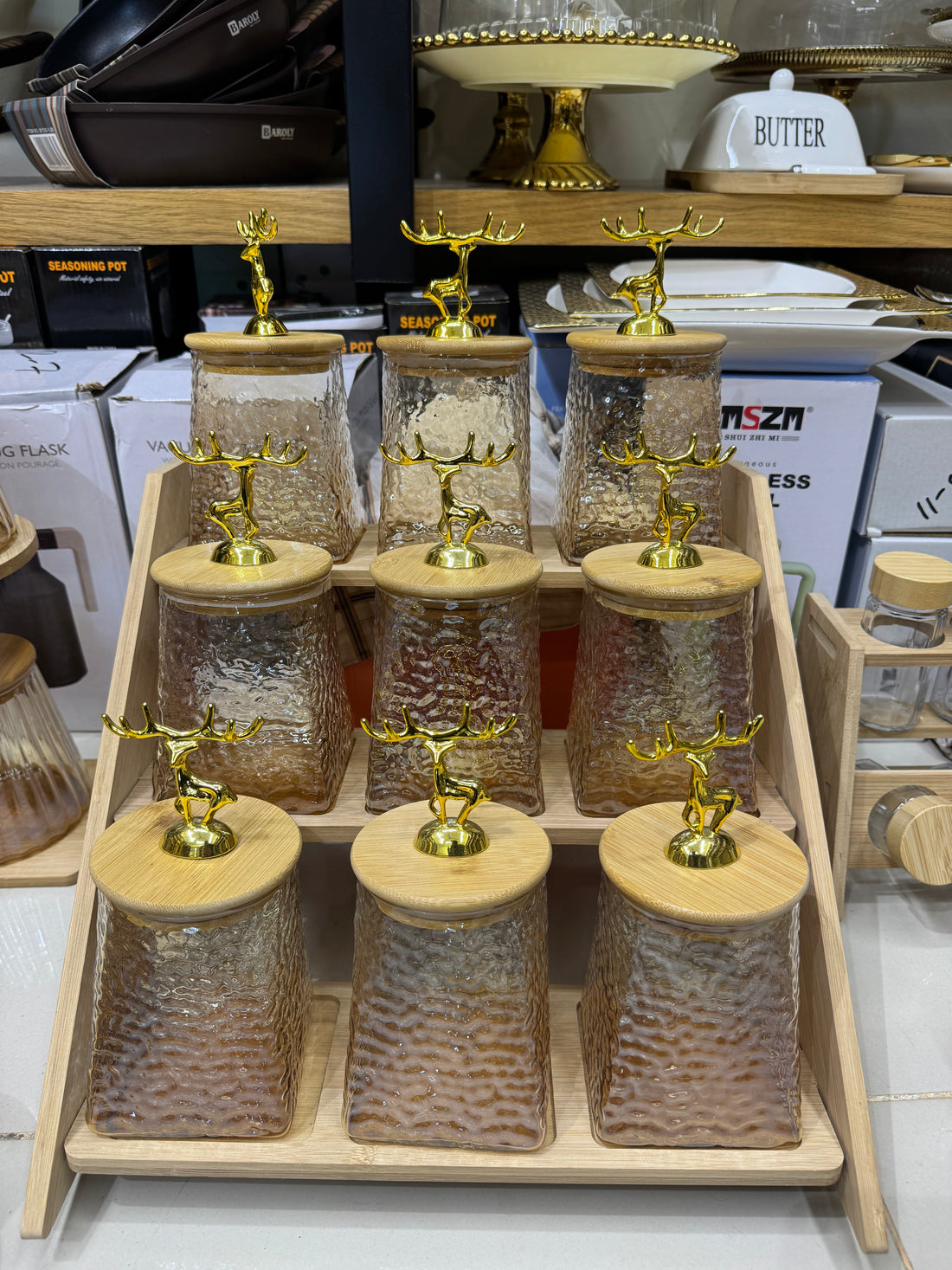 Artisanal 9-Jar Spice & Pantry Organizer Set with Golden Reindeer Lids and Wooden Stand