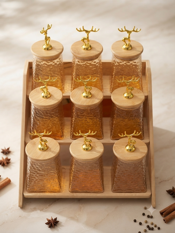 Artisanal 9-Jar Spice & Pantry Organizer Set with Golden Reindeer Lids and Wooden Stand