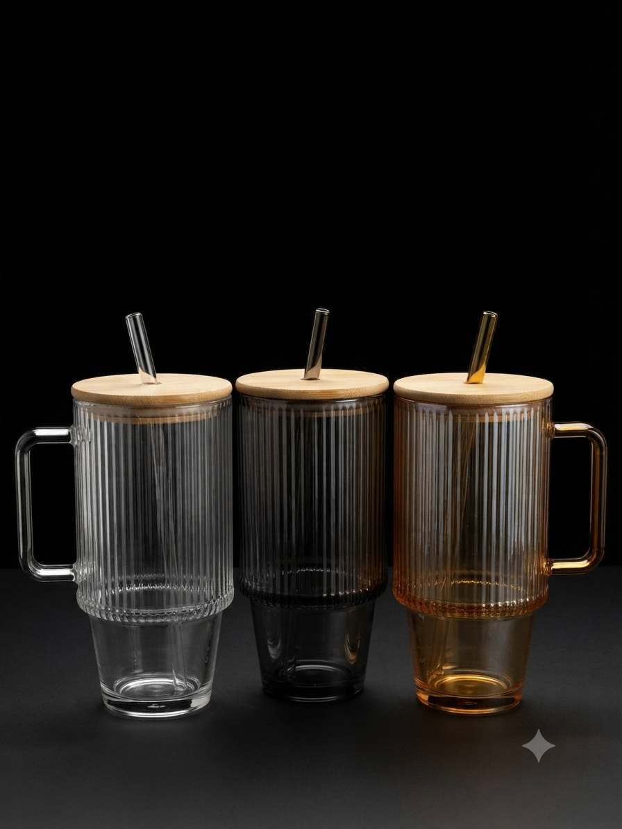 Premium Heavy-Duty Glass Tumbler with Handle, Bamboo Lid & Straw