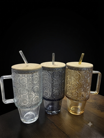 Premium Heavy-Duty Glass Tumbler with Handle, Bamboo Lid & Straw