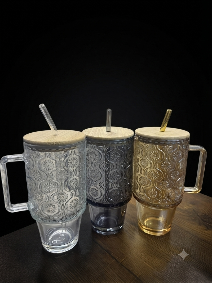 Premium Heavy-Duty Glass Tumbler with Handle, Bamboo Lid & Straw