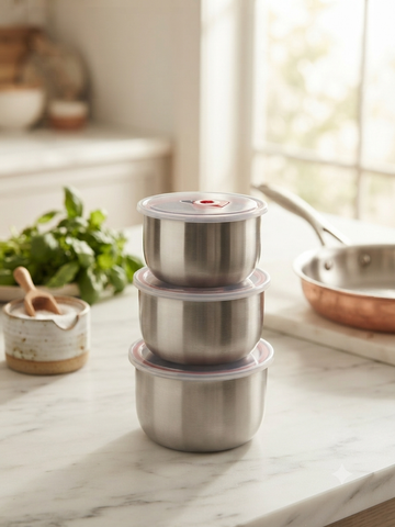 Stainless Steel Airtight Bowl Set (3-Piece Stackable Container Set with Lids)