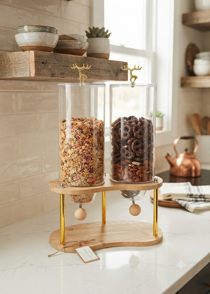 Dual-Chamber Glass & Bamboo Cereal Dispenser with Gold Reindeer Lid Accents