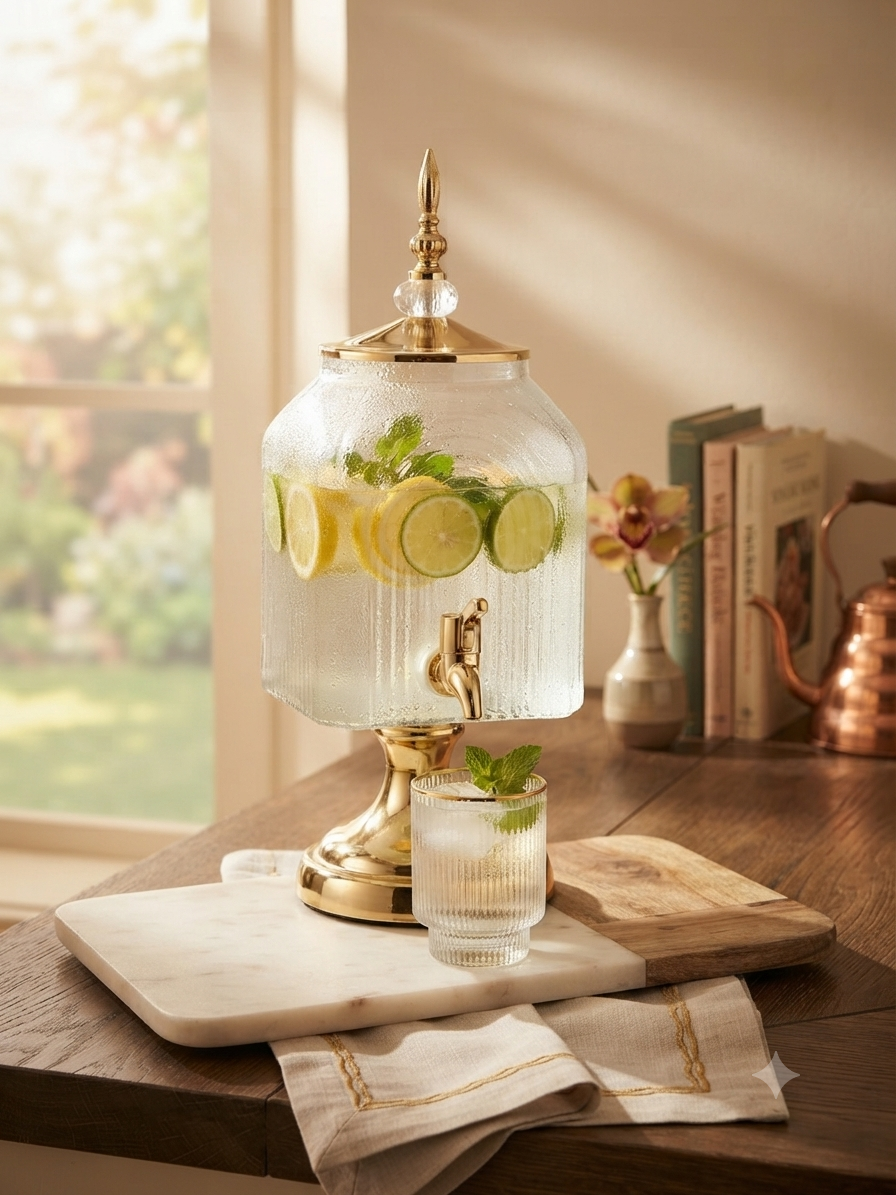 Elegant Fluted Glass Drink Dispenser Set with 6 Matching Glass