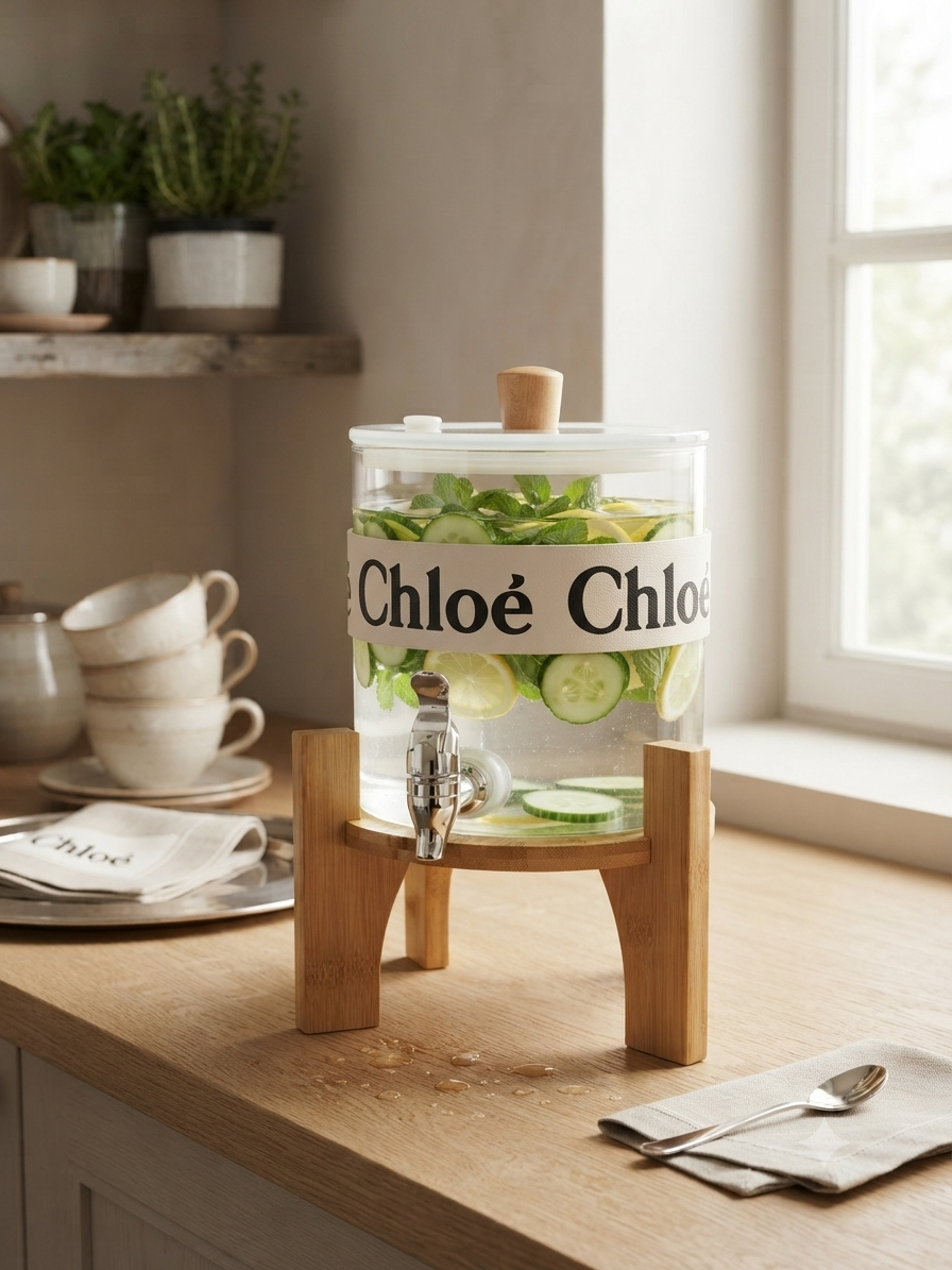 Glass Beverage Dispenser with Wooden Stand
