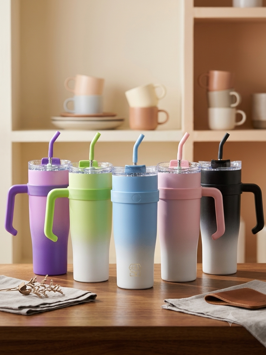 Travel Tumbler – 40oz Stainless Steel Mug with Handle & Straw