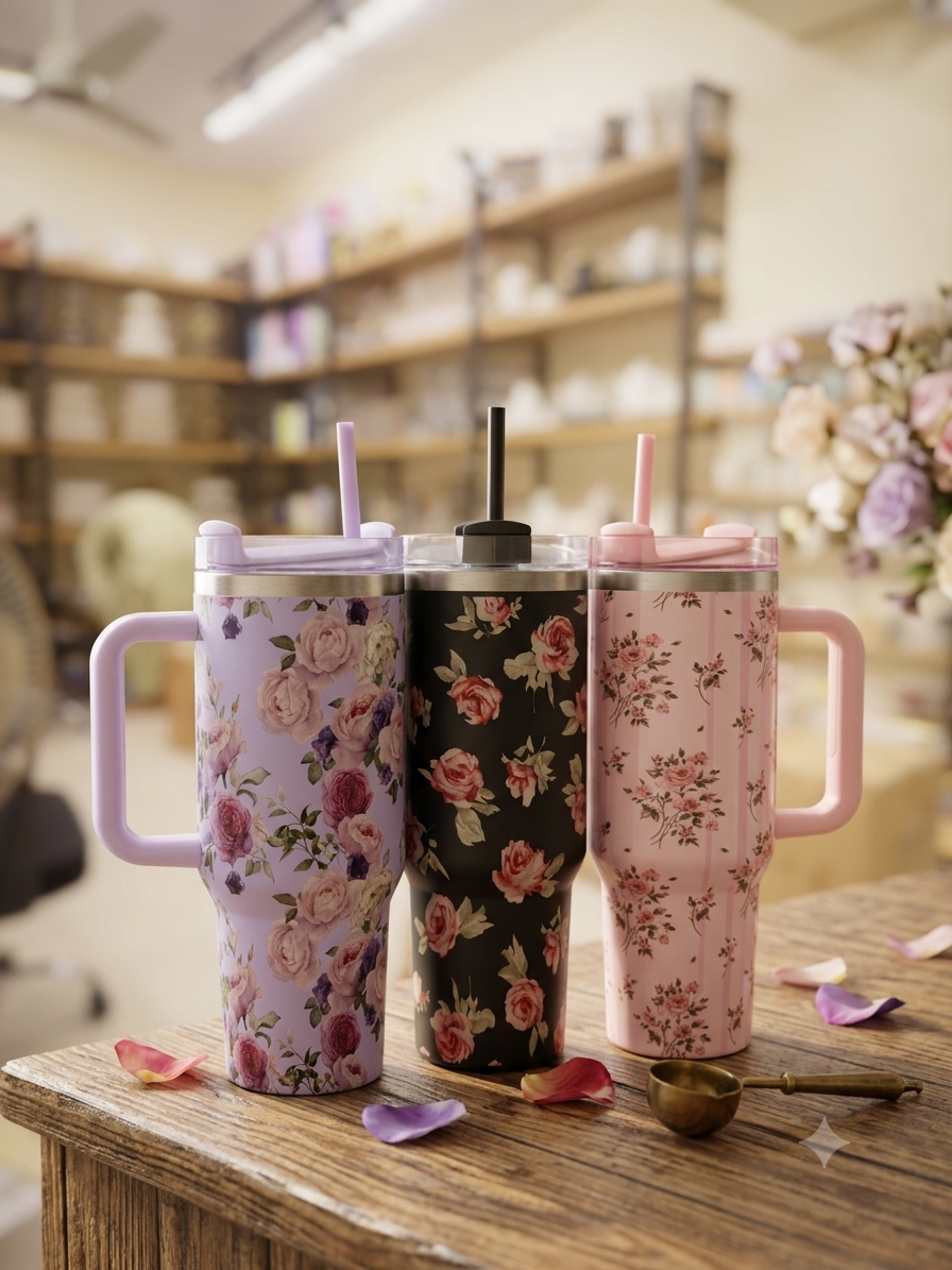 The Vintage Bloom Insulated Travel Tumbler – 40oz Stainless Steel Mug with Handle & Straw