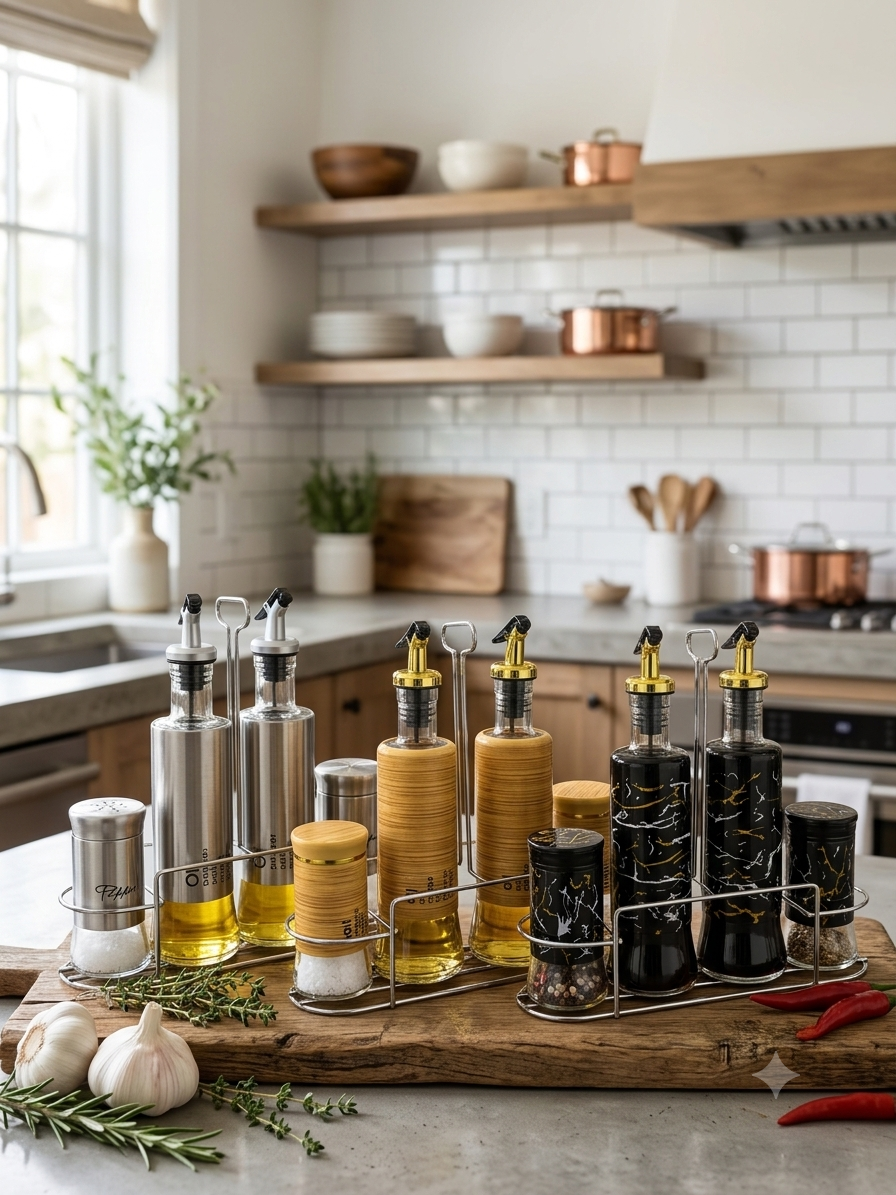5-Piece Natural Bamboo-Style Oil, Vinegar & Seasoning Dispenser Se