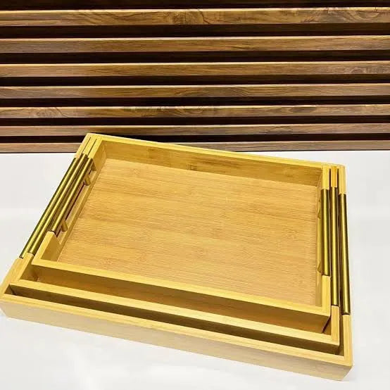 Rectangular Wooden Serving Trays Set with Gold Handles