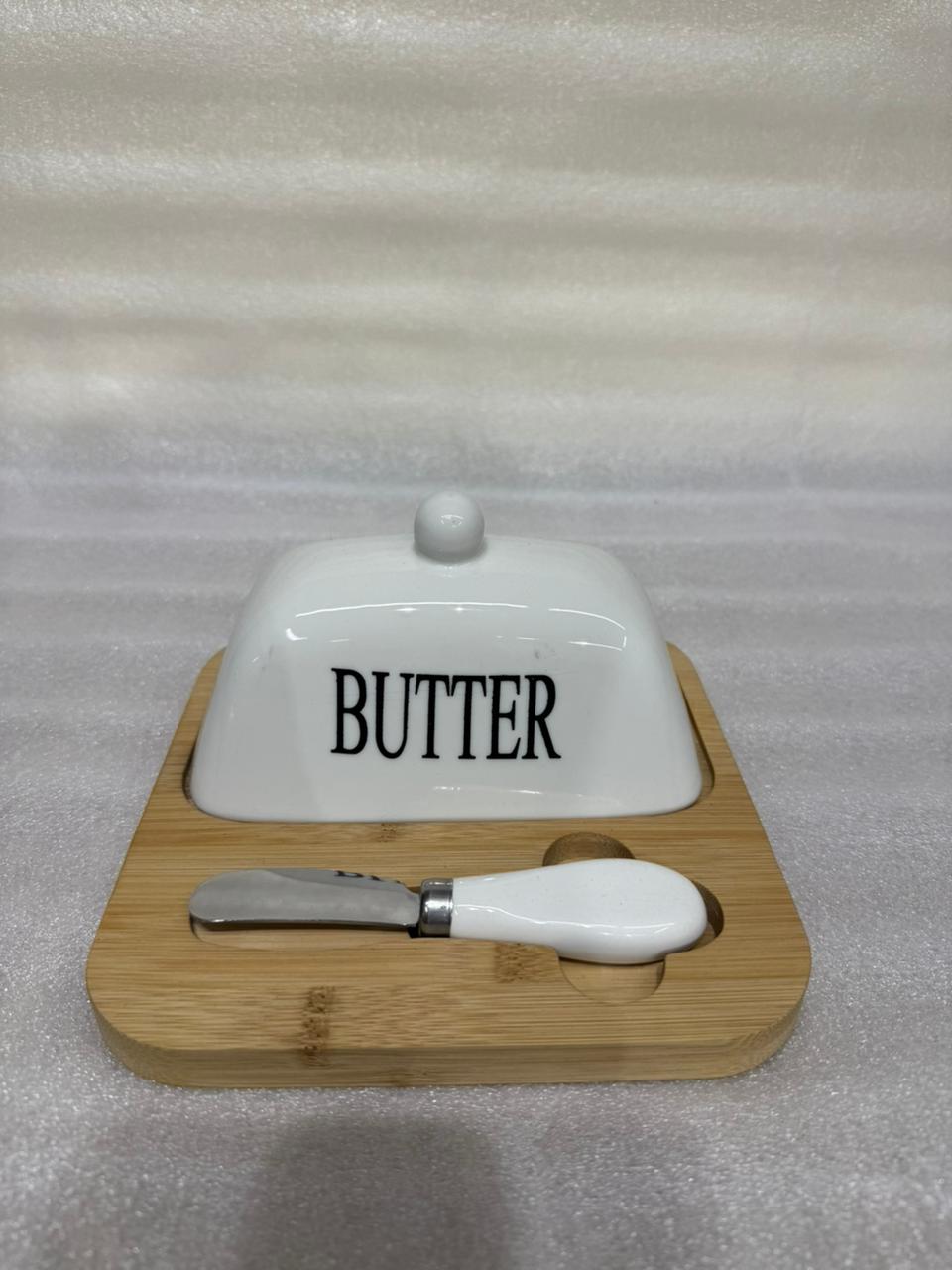 Butter and Cheese Plate with Wooden Base & Knife