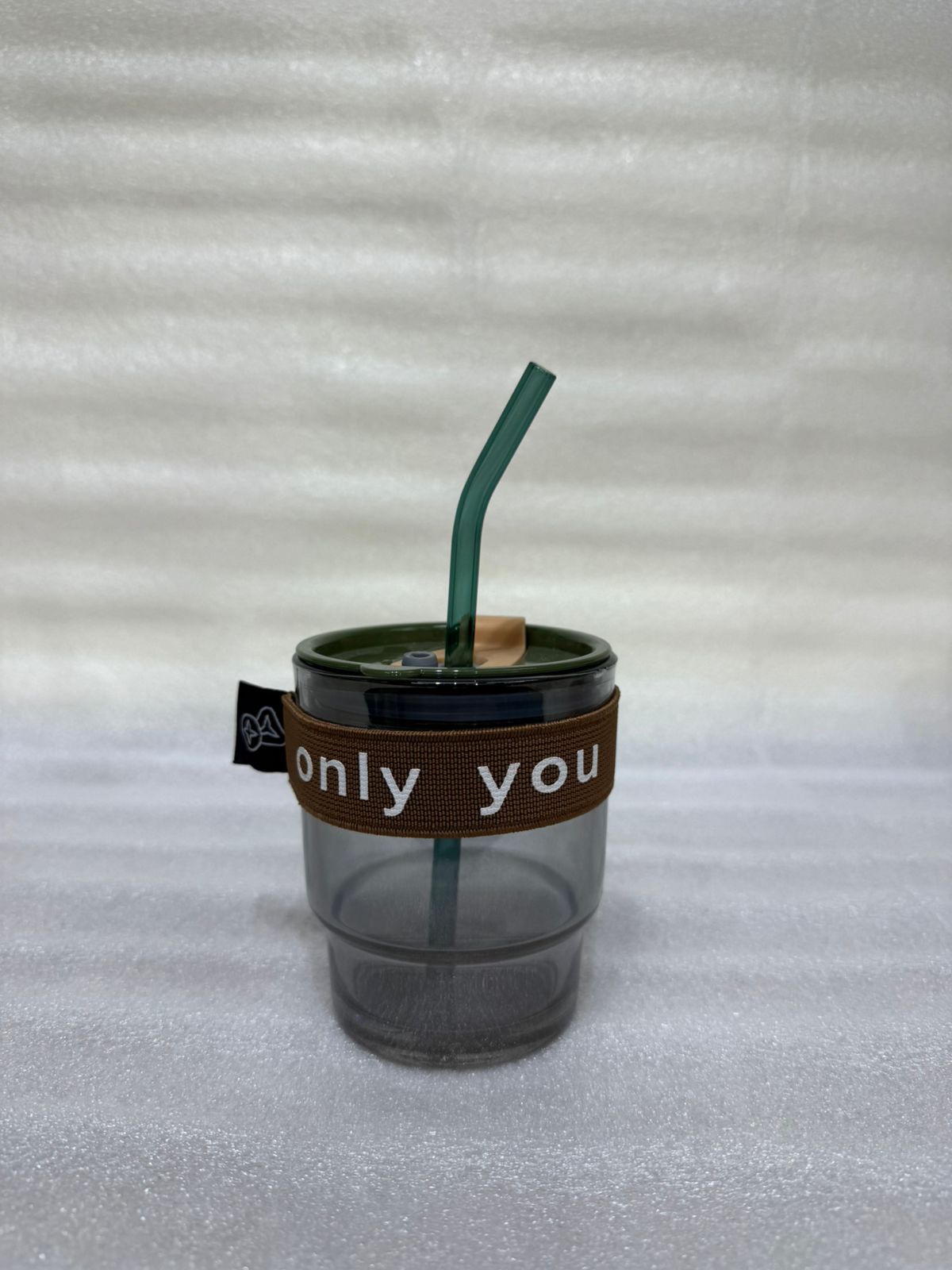 Trendy Tinted Travel Cup with Fabric Grip and Green Reusable Straw