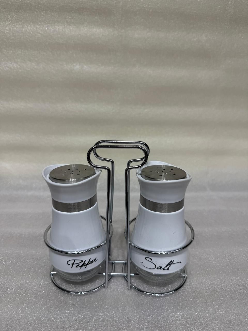 Modern White Salt and Pepper Shaker Set with Chrome Holder