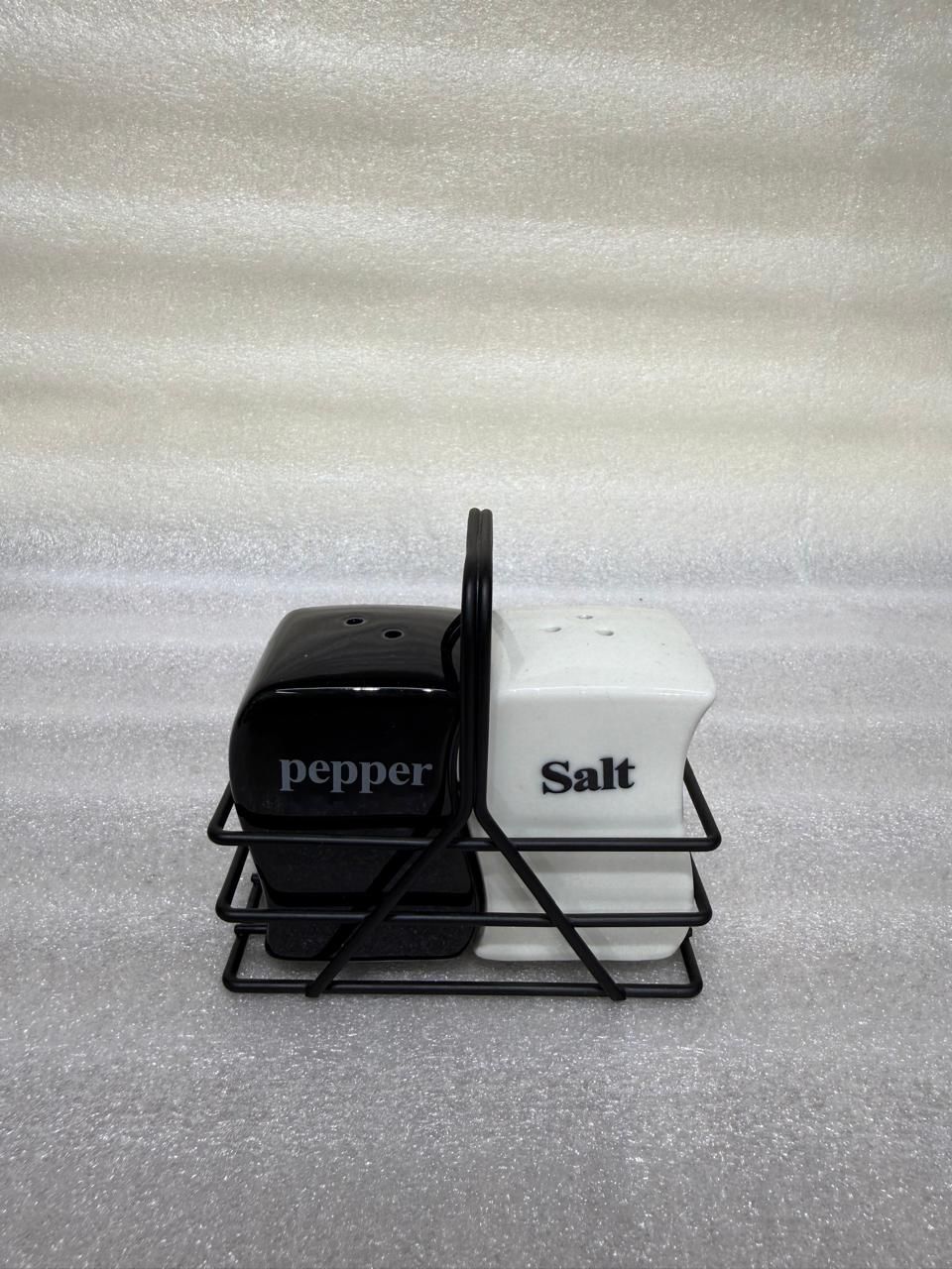 Black and White Salt and Pepper Shaker Set with Holder