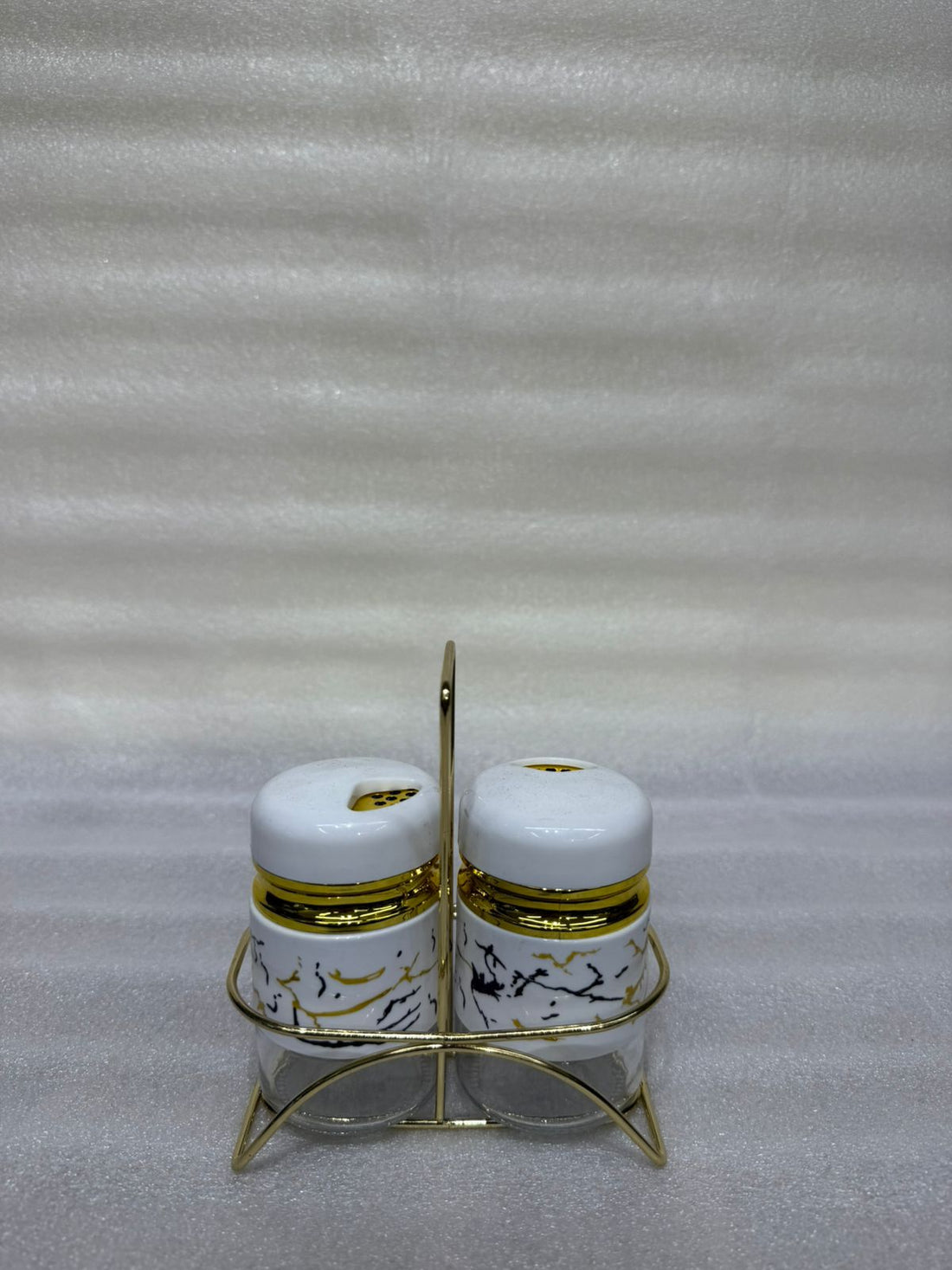 Luxury White and Gold Salt and Pepper Shaker Set with Holder